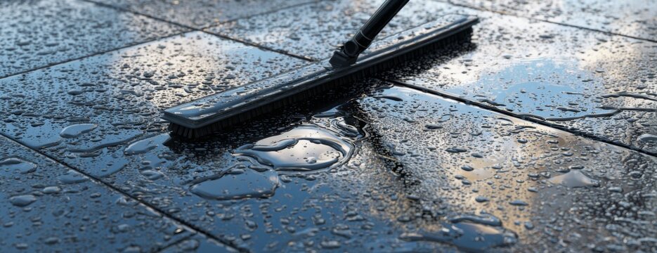 Squeegee cleaning wet floor tiles in bright, reflective surface  