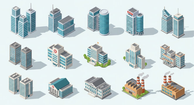 Collection of isometric modern buildings and factories.