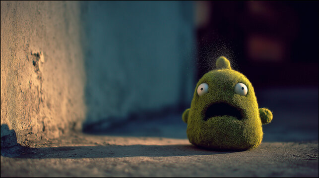 Cute fuzzy green monster looking shocked and scared on a concrete street, whimsical 3D character concept.