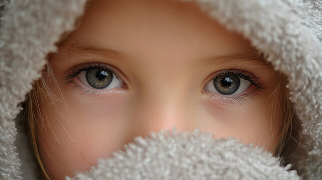 Close-up portrait of a child with beautiful grey eyes wrapped in a soft warm blanket, cozy childhood concept.
