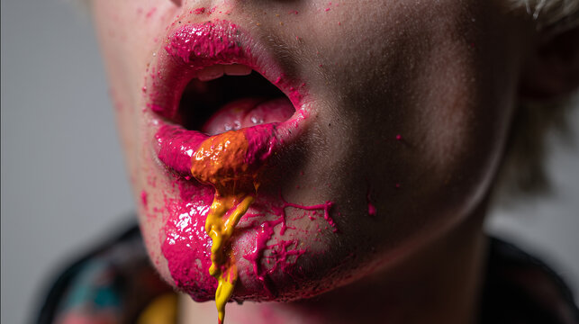 Close-up of lips with vibrant pink, orange, and yellow paint dripping down the chin, artistic makeup concept.