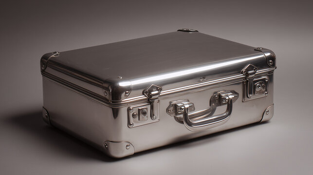 Sleek silver aluminum briefcase on a grey background, professional equipment storage or travel concept.