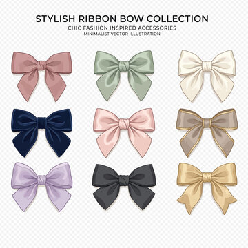 Elegant assortment of nine decorative ribbon bows in soft pastel and rich dark colors. High-quality vector illustration perfect for sophisticated gift packaging, fashion accessories, and stationery.