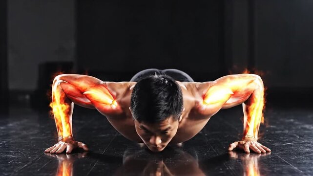 Muscular man performing pushup with anatomical muscle and bone overlay in dark gym