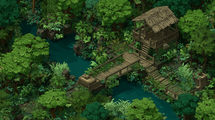 Naklejka premium Isometric pixel art of a wooden hut and bridge over a river in a dense green jungle, retro game asset concept.