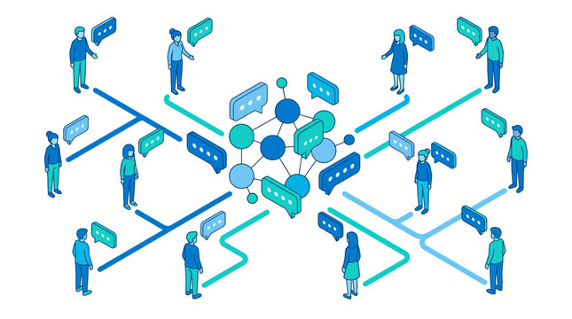 Isometric illustration of people communicating in a network.