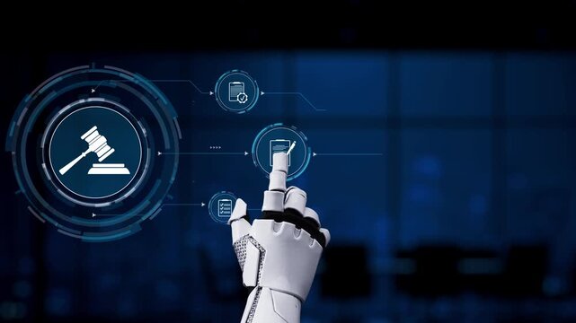 A robotic hand reaches toward virtual legal icons, showcasing the integration of technology in the law sector and the future of justice systems. Synapse