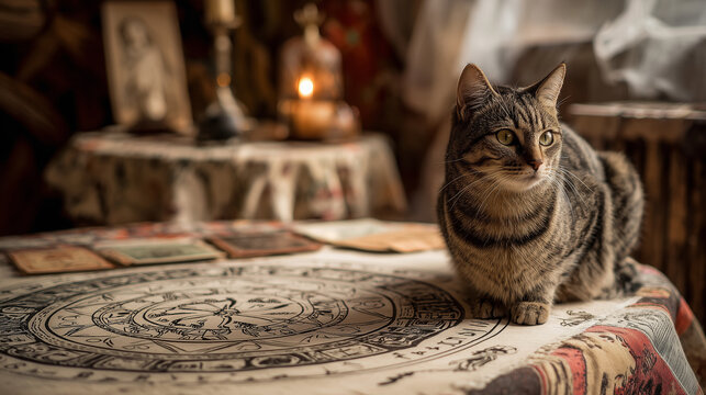 Tabby cat sitting on an astrological zodiac cloth in a mystical, fortune telling room with candles.