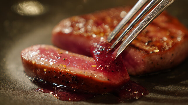 Macro close-up of sliced medium-rare beef steak with glossy red sauce and a fork, gourmet fine dining concept.