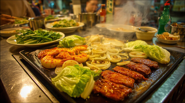 Korean barbecue with sizzling marinated meat, shrimp, and onions on a tabletop grill platter.