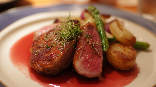 Gourmet seared tongue with roasted potatoes, asparagus and red sauce, elegantly plated for fine dining.