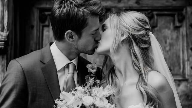 Black and white romantic portrait of a bride and groom kissing in front of a rustic wooden door on their wedding day.