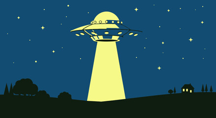 Flying Saucer UFO Abducting Small House with Bright Light Beam at Night © Untung