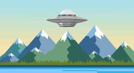 Flying Saucer Over Snowy Mountains Landscape Illustration © Untung