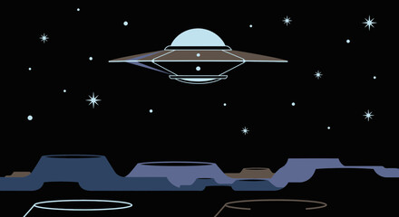 Flying Saucer UFO Abducting Alien Planet Landscape with Stars © Untung