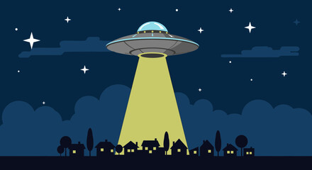 Flying Saucer UFO Abducting Small Town with Beam of Light at Night © Untung