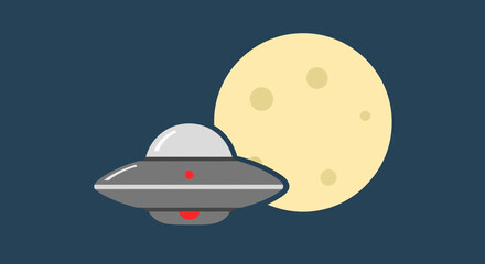 Flying Saucer UFO Alien Spaceship Moon Night Sky Flat Design © Untung