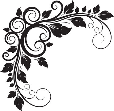 Black floral border, vector leaf swirl, elegant frame, decorative foliage
