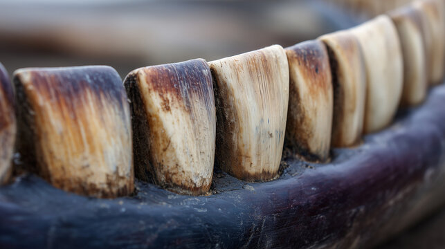 Macro close-up of a row of weathered whale teeth in a jawbone, rustic maritime history concept.
