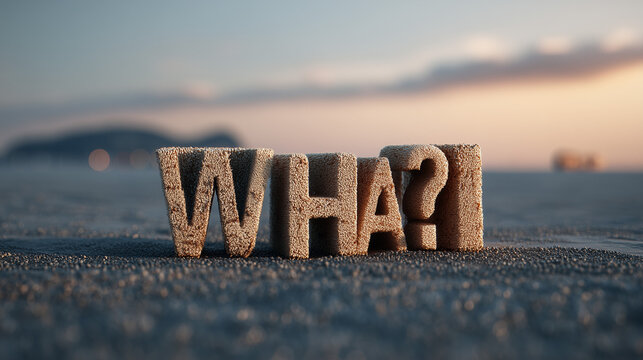 Word WHAT?! in 3D stone letters standing on a sandy beach at sunset, surprise and questioning concept.