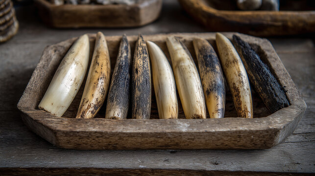 Row of large ancient whale teeth arranged in a rustic wooden tray, historical maritime artifact concept.