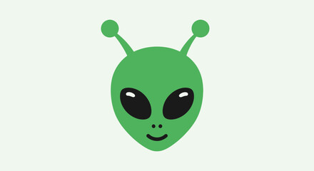 Naklejka premium Green alien face with big black eyes and antennae, cartoon style, isolated on white background