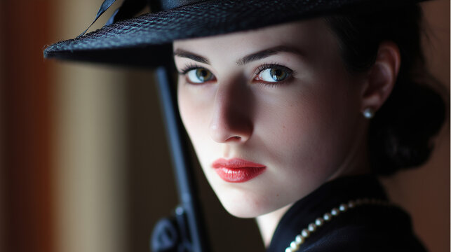Close-up portrait of a beautiful vintage woman in a black hat and pearl necklace, retro elegance concept.
