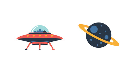 Retro UFO Flying Saucer and Ringed Planet in Space © Untung