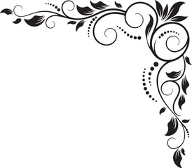 Fototapeta premium Black floral corner border, elegant swirling vines, leafy decorative frame, vector ornament