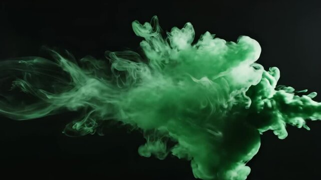 A captivating stream of vivid green liquid ink or smoke expands and diffuses gracefully in water, creating an abstract and dynamic visual effect against a deep black backdrop, perfect for overlays.