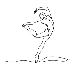 Minimalist black line art of a ballet dancer in a graceful pose on a white background, abstract dance background with flowing lines emphasizing movement and elegance © ZinMe Be