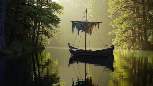Mystical Viking Ship on Calm Lake Surrounded by Lush Green Forest.