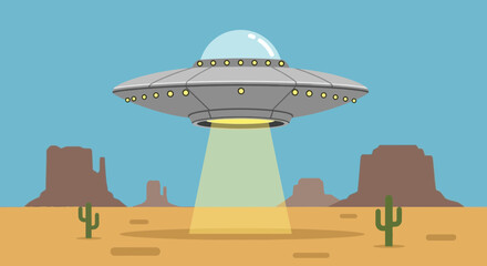 UFO Flying Saucer Landing Beam Desert Landscape with Cacti and Mesas © Untung