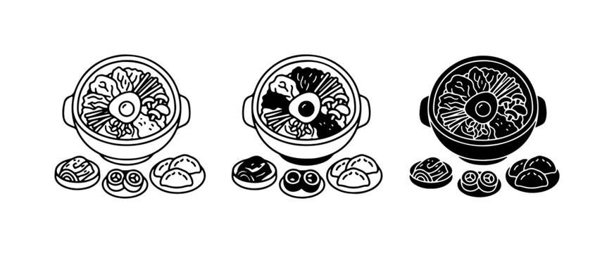 Korean Bibimbap Food Icon Set White Background
