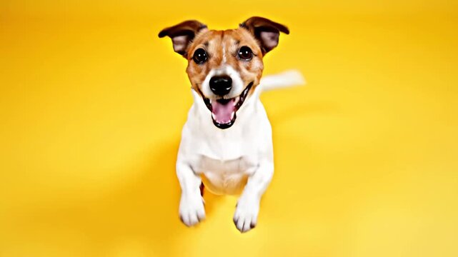 A cute Jack Russell Terrier dog stands, wags its tail, barks, and then sits up on a bright yellow studio background, looking directly at the camera with a happy expression.