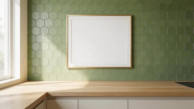 Kitchen wall with hexagonal tiles and framed picture