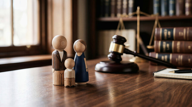 Family Law and Divorce Concept with Wooden Figures and Judge Gavel in Law Office