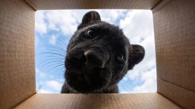 Black panter peeking into a cardboard box. Wide angle close-up with exaggerated perspective, expressive faces and bright sky background.