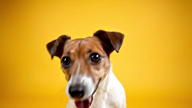 A cute Jack Russell Terrier dog tilts its head curiously and barks playfully on a vibrant yellow studio background.