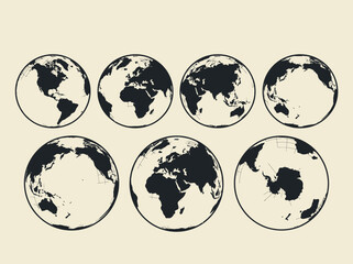 Set of Vintage Minimalist Earth Globes with Latitude and Longitude Grid Lines Showing Different World Views © Elva