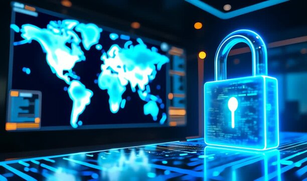 Futuristic digital padlock glowing with neon blue light beside world map data visualization on futuristic server room screen, 4K