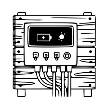A black line art illustration of a solar charge controller with a digital display showing battery and sun icons mounted on a wooden background.