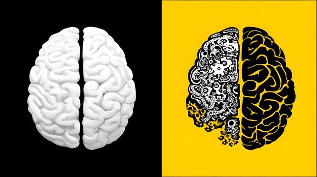 Flat design comparison of two brain hemispheres featuring a clean white side and a complex mechanical gear side on yellow.
