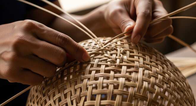 Hands Weaving a Basket Crafting Tradition and Skillful Artistry.