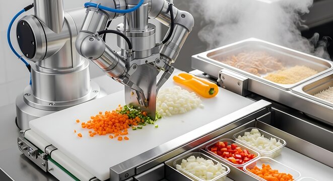Robotic arm preparing fresh vegetables on a cutting board in a modern commercial kitchen