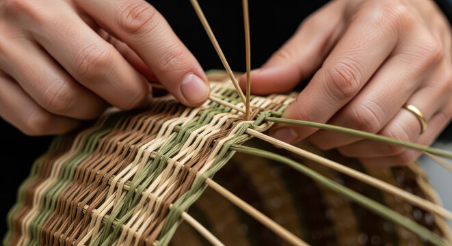 Hands weaving a basket with natural materials in closeup 1.