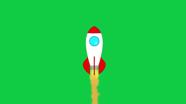 Rocket launch animation. Animated rocket flying upward on a green screen background. Suitable for motion graphics and space projects