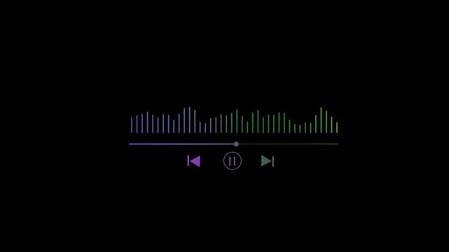 Colorful audio equalizer and playback controls on a black background Keywords: audio, music, sound, equalizer, waveform, playback, controls, play, pause, skip, back, forward, media, player