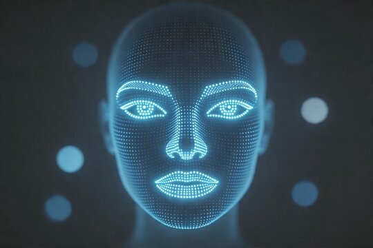 Digital human face with glowing dots