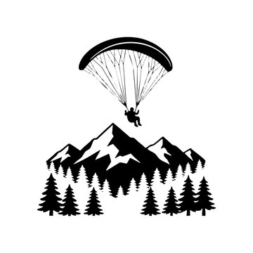 Paragliding over mountain peaks and forest vector icon